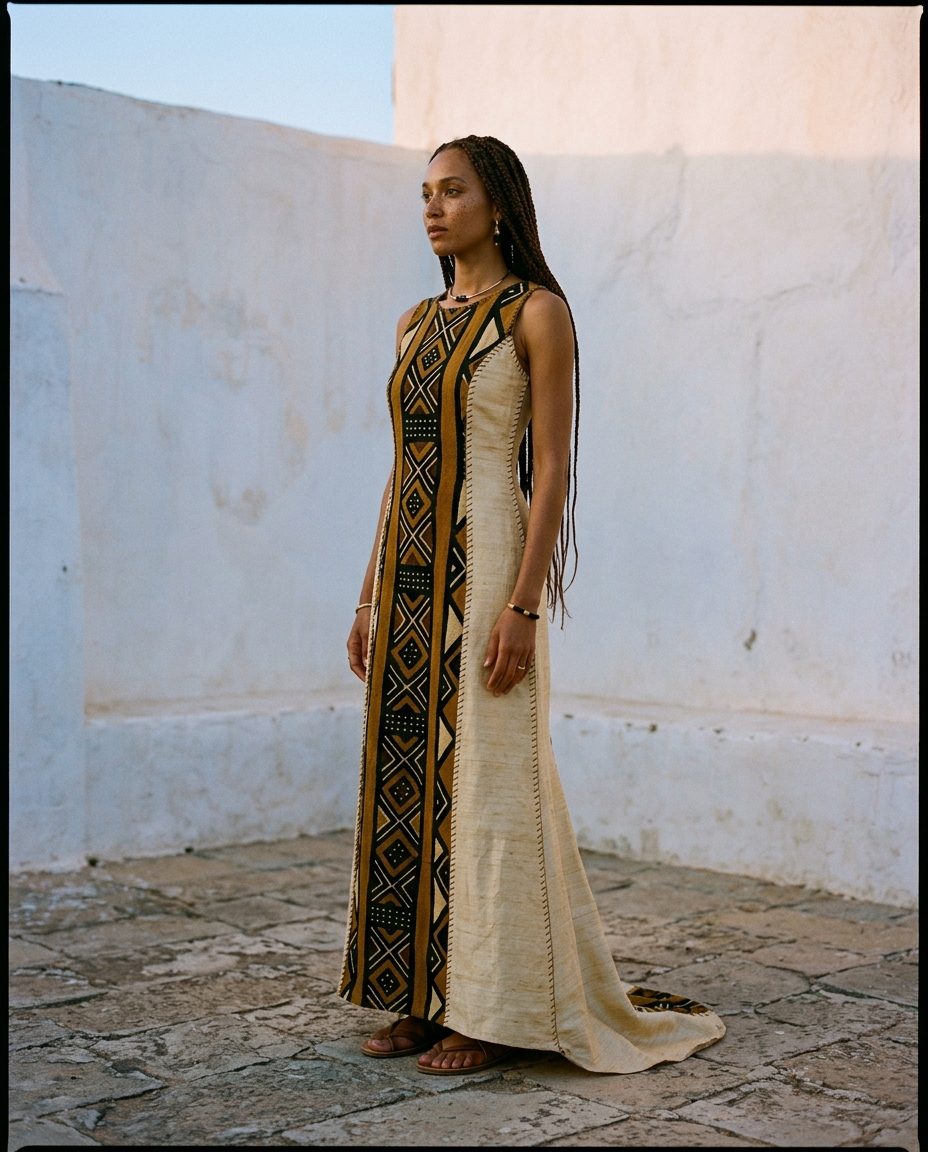 Niger Column Dress — Bogolan panel front with raw silk sides, hand-bound seams
