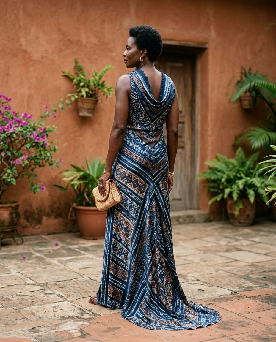 Deep Vat Gown — Hand-dyed adire eleko silk, bias-cut skirt, raw-edged draped neckline