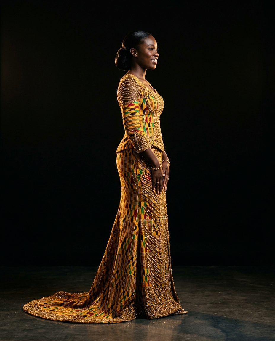 Bonwire Bridal Set — Kente kaba and slit with hand-set gold beads