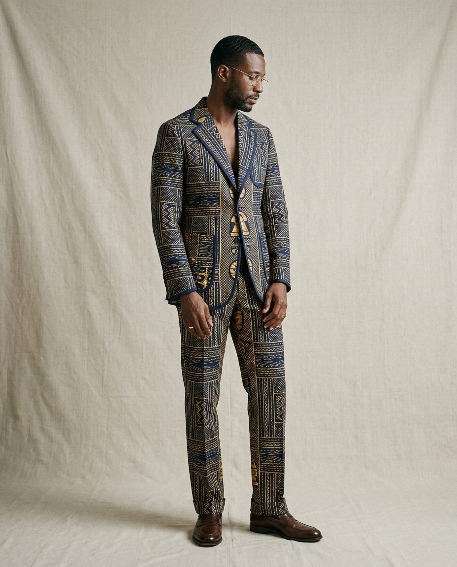 Harbour Suit — Navy and gold wax print two-piece, half-lined, hand-felled seams