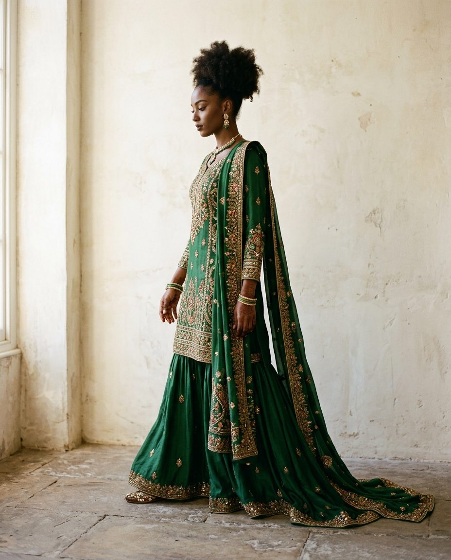 Mehndi Set — Green silk with embroidered dupatta