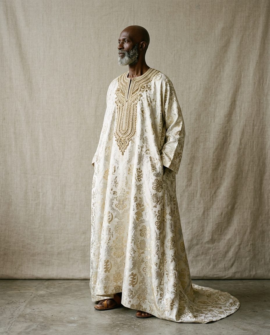 Ivory Brocade Kaftan — Heavy brocade kaftan, hand-embroidered neckline, hidden side pockets