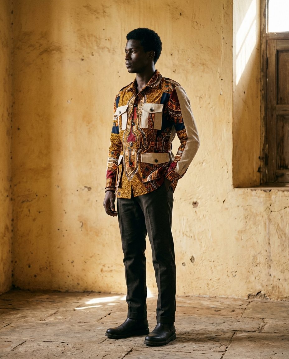 Ochre Safari Jacket — Ankara safari jacket with patch pockets and linen back