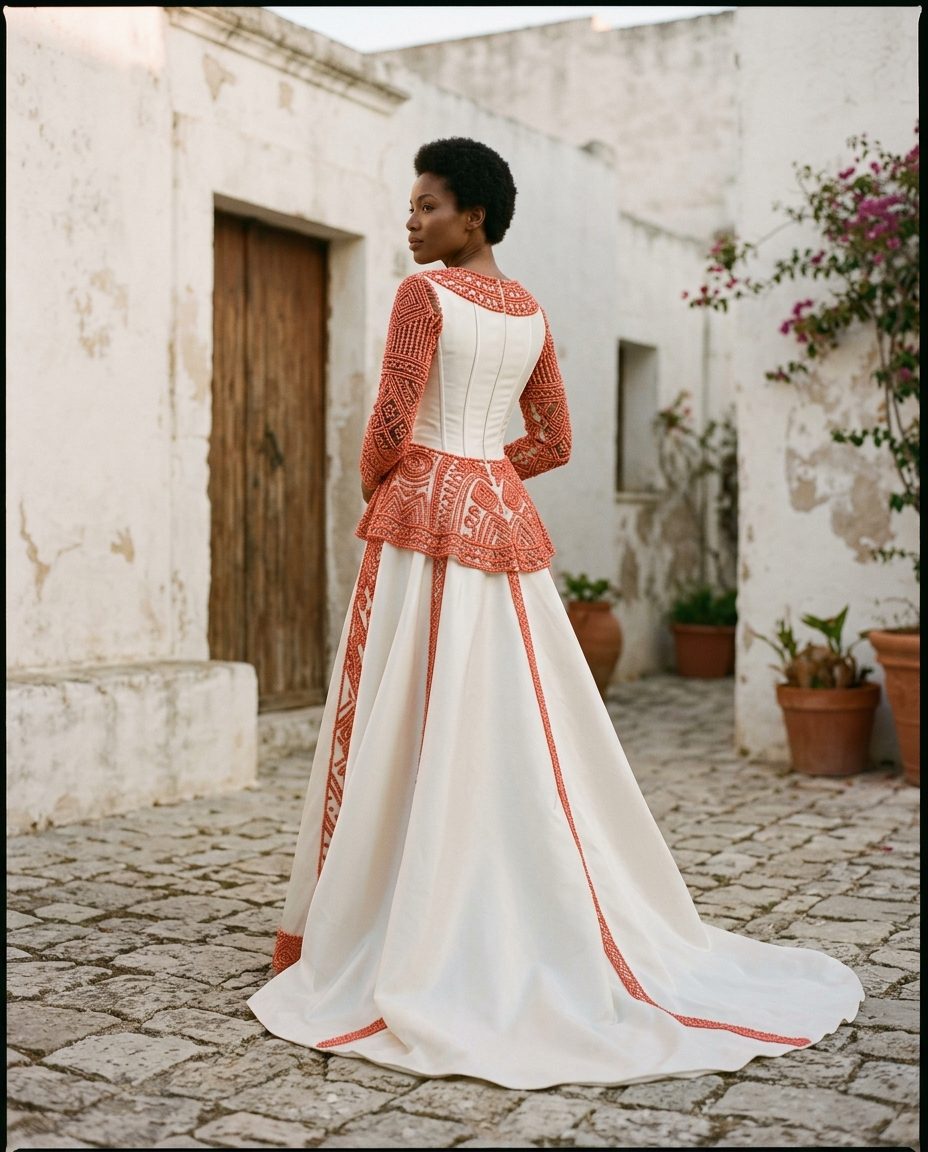 Headingley Bridal Pair — Ivory mikado gown with boned bodice plus a coral-beaded george set