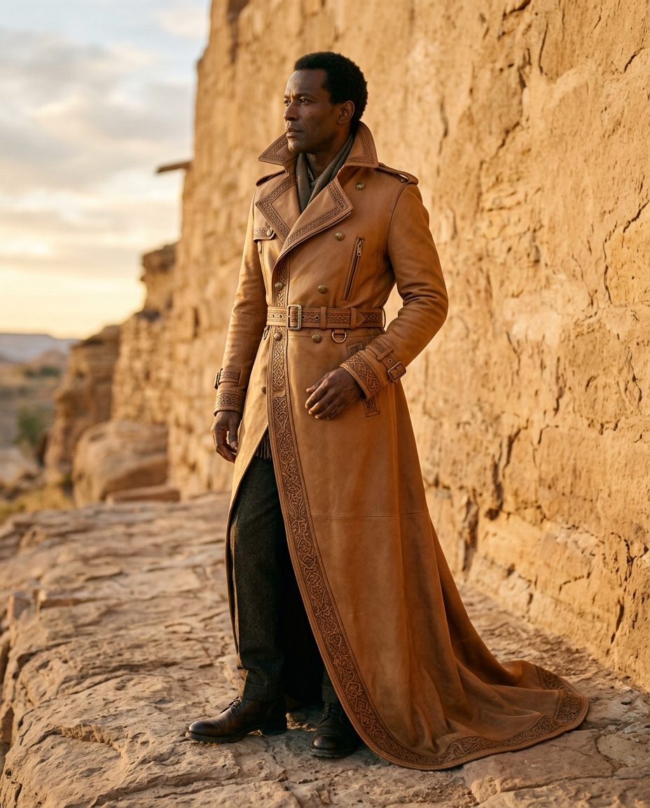 Aba Trench — Tan calf trench with hand-tooled Tuareg border, brass hardware