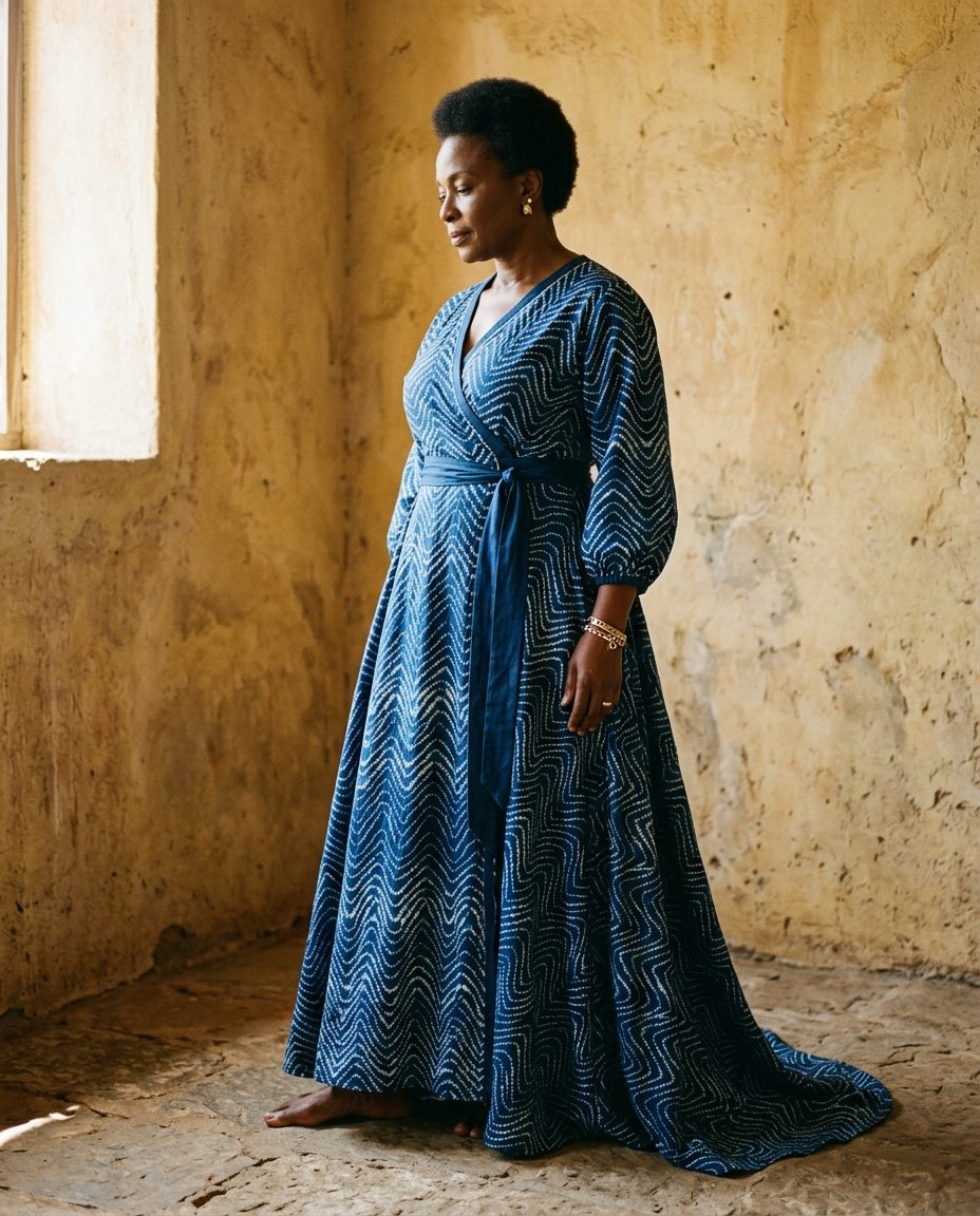 Ripple Wrap Dress — Indigo silk twill with a stitched-resist wave pattern, wrap front, tie belt